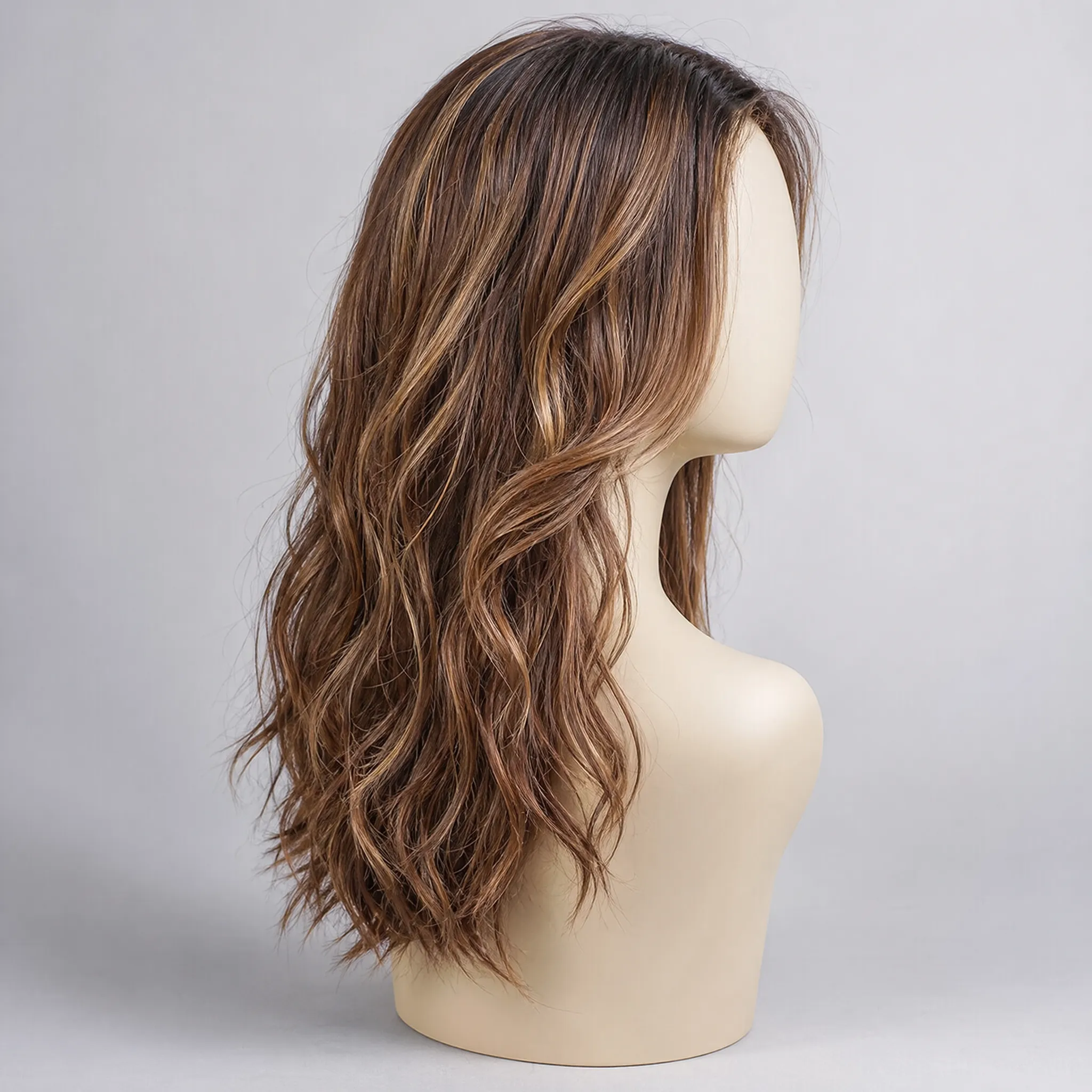 Brown wig color reference on a mannequin.