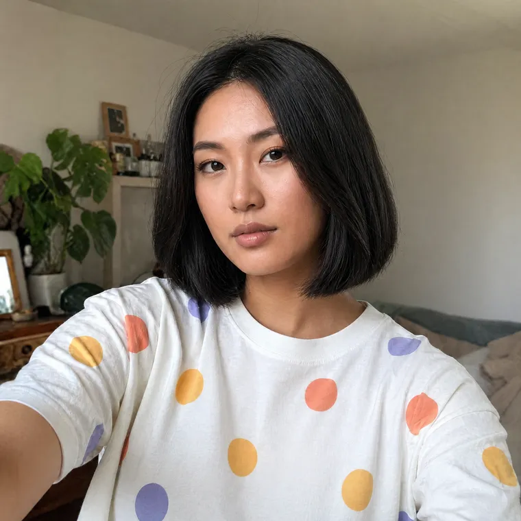 Customer selfie with an AI-generated black bob wig preview.